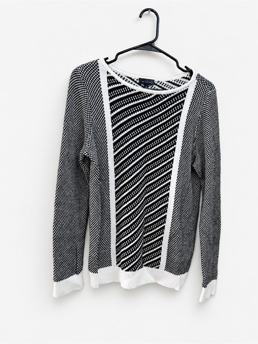 The Limited Black & White Geometric Stripe Optical Knit Sweater Pullover